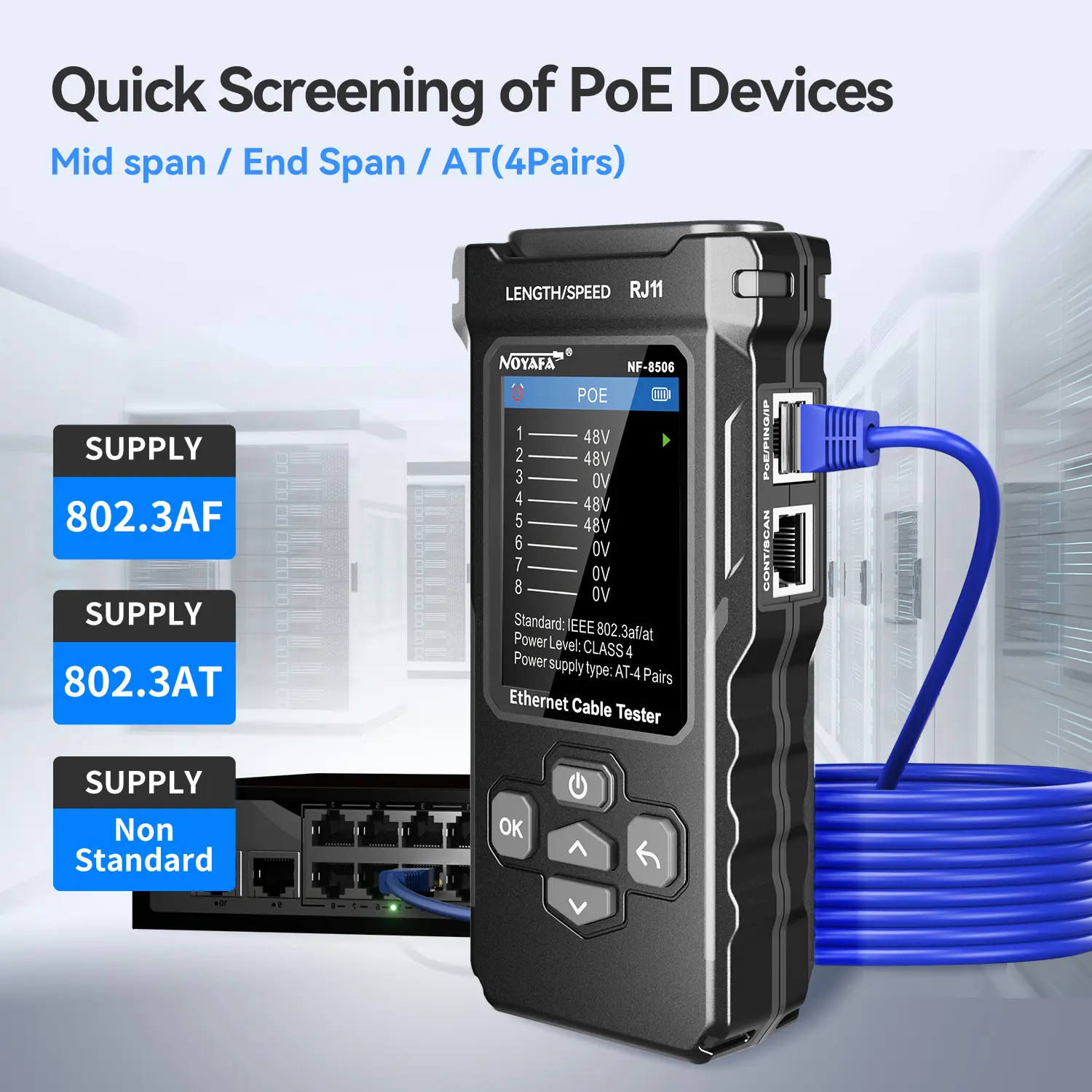 NOYAFA NF-8506 Network Cable Tester with IP Scan, CAT5 CAT6 Ethernet Tester | PoE PingTest, Network Rate Test, Port Flashing, Network Tester Cable Toner for RJ11 RJ45