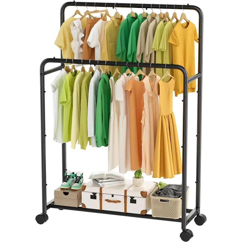 Simple Trending Clothing Clothes Rack Double Rods with Wheels, Rolling Metal Garment Rack for Hanging, Black