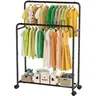 Simple Trending Clothing Clothes Rack Double Rods with Wheels, Rolling Metal Garment Rack for Hanging, Black