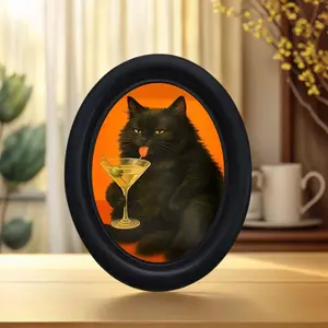Funny Cat Drinking Cocktail Wall Art, Framed Decorative Painting, Wooden Mini Hanging Canvas, Unique Home Kitchen Office Decoration