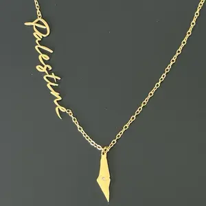 "Palestine" Script Necklace with Palestine Map Charm - Minimalist Palestinian Jewelry, Cultural Necklace, Gift for Her, Gold-Tone Chain