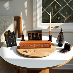 Wooden Halloween Decorations Set, 4-Piece Boxed Centerpiece for Party Table, Includes Cat Ghost Pumpkin Mouse Haunted House Skull Signs