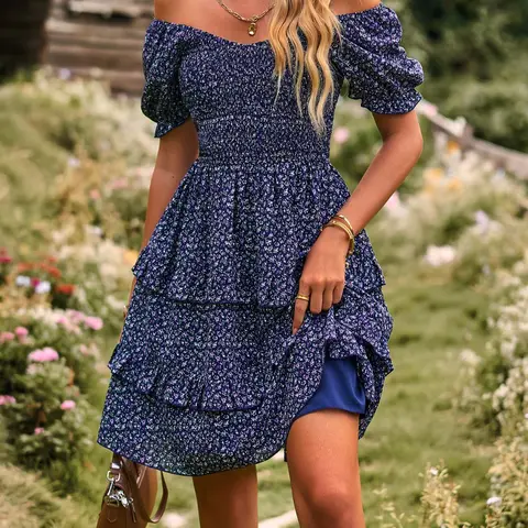 Women's Ditsy Floral Print Off Shoulder A Line Dress, Boho Style Puff Sleeve Shirred Ruffle Dress, Womenswear Summer Dress for Beach Vacation Casual Wear, Boho Flowy Dress, Bohemian Sun Dress, Boho Fashion Dress