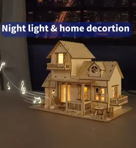 3D Wooden Puzzle Sweet Home Music Box Hands CraftMiniature Dollhouse Kits 3D Model Diy House Buildingwith LED Night Lights Gif