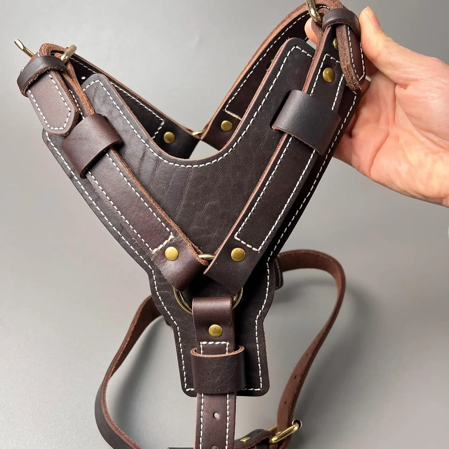 Luxury Leather Dog Harness, Handmade Y-Shaped Vest Style Heavy Duty Dog Harness, Adjustable Neck and Chest Anti Pull, for Medium and Large Dogs (Brown,L-Chest 58-75cm)