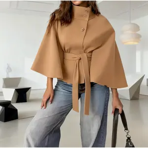Women's Plain Front Buckle Belted Woolen Cape Coat, Casual Fall & Winter Outerwear, Stylish Daily Wear for Dating