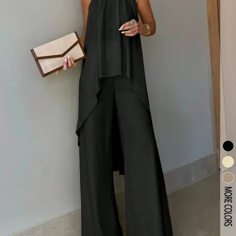 2-Piece Elegant Chic Casual Party Set, Summer Matching Set, Asymmetric-Hem Halter-Neck Sleeveless Top & Wide-Leg Pants, Women's Vacation & Date Outfit, Spring/Summer