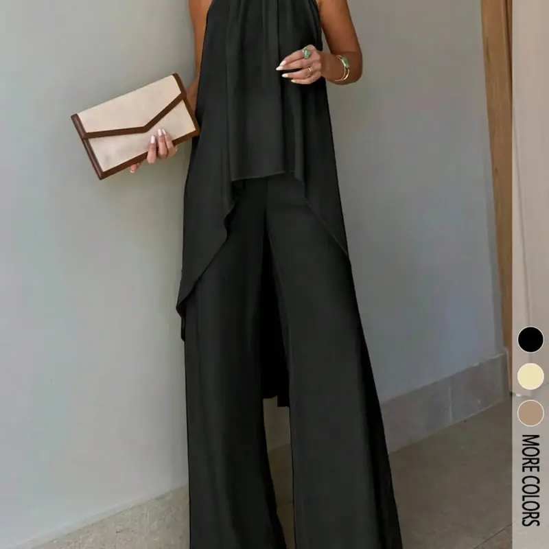 2-Piece Elegant Chic Casual Party Set, Summer Matching Set, Asymmetric-Hem Halter-Neck Sleeveless Top & Wide-Leg Pants, Women's Vacation & Date Outfit, Spring/Summer