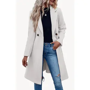 Women's double button waist belt coarse woolen coat basic style long sleeved split collar pea trench coat jacket jacket jacket jacket top casualRAIMENTRY