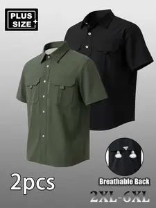 Plus Size Men's Summer Casual Shirt, Short Sleeve T-Shirt with Multiple Pockets, Zip Details, Breathable Back, Elastic Fabric, Outdoor & Commute