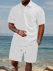 Men's Casual Fashion Solid Color Plain Polo Short Sleeve Shorts Set Outfit, Daily Outdoor Wear, 2 Piece Set, Spring & Fall, Fitted Style