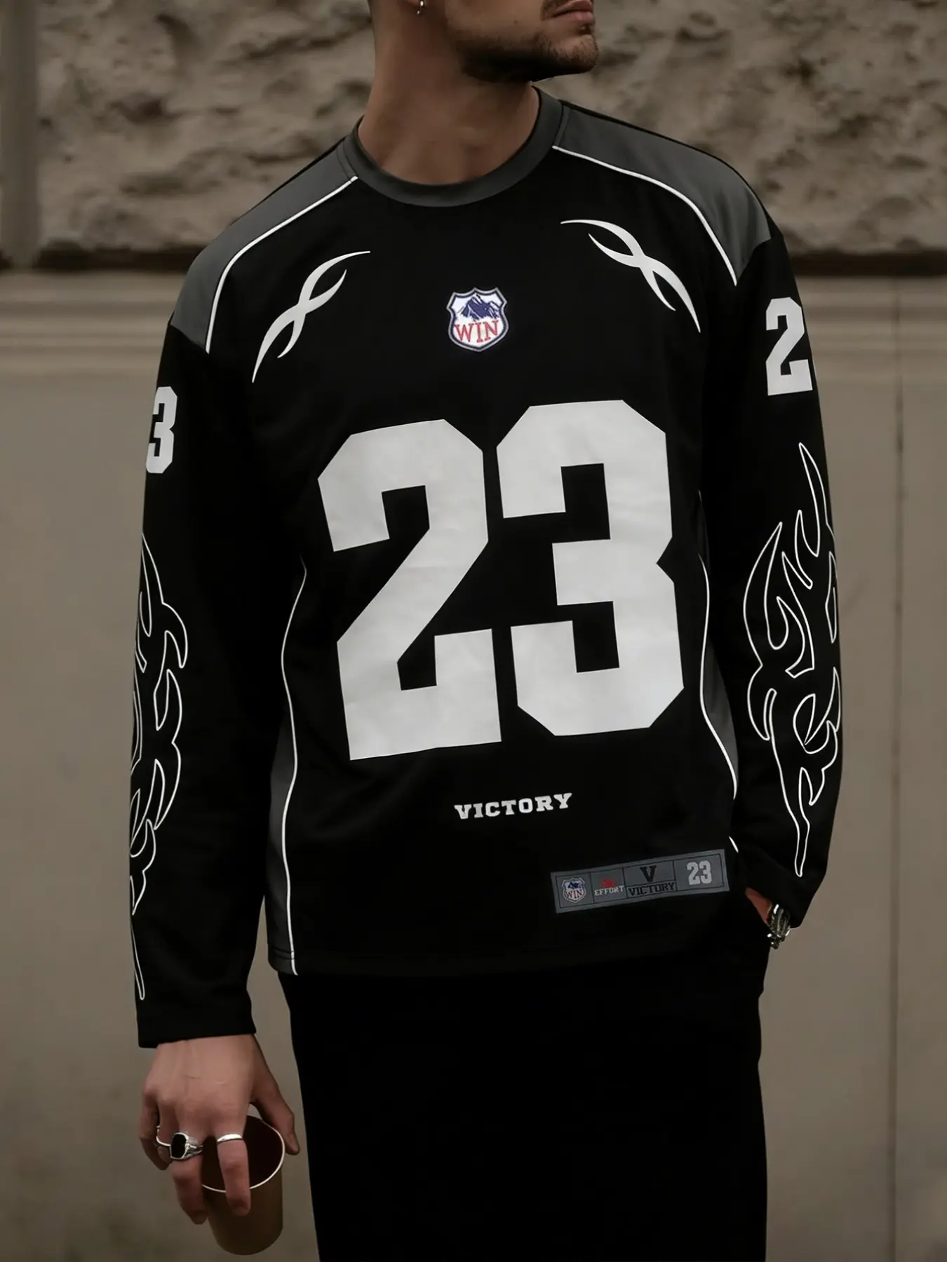 Men's Long Sleeve T-Shirt Soccer Jersey, '23' Print, Flame Pattern Round Neck, Street Style Sports Fashion, Sports Top, Sportswear Top, Jersey Shirts