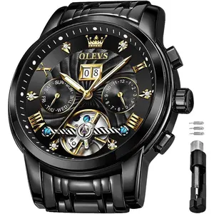 OLEVS Watch for Men Automatic Skeleton Tourbillon Mechanical Self Winding Business Luxury Dual Calendar Stainless Steel Luminous Waterproof Man Wrist Watches Blue Dial