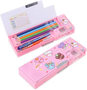 Pop Up Multifunction Pencil Case for Girls and Boys, Cute Cartoon Pen Box Organizer Stationery with Sharpener, Schedule, School Supplies, Best Birthday Gifts for Kids【Pink-Bear】