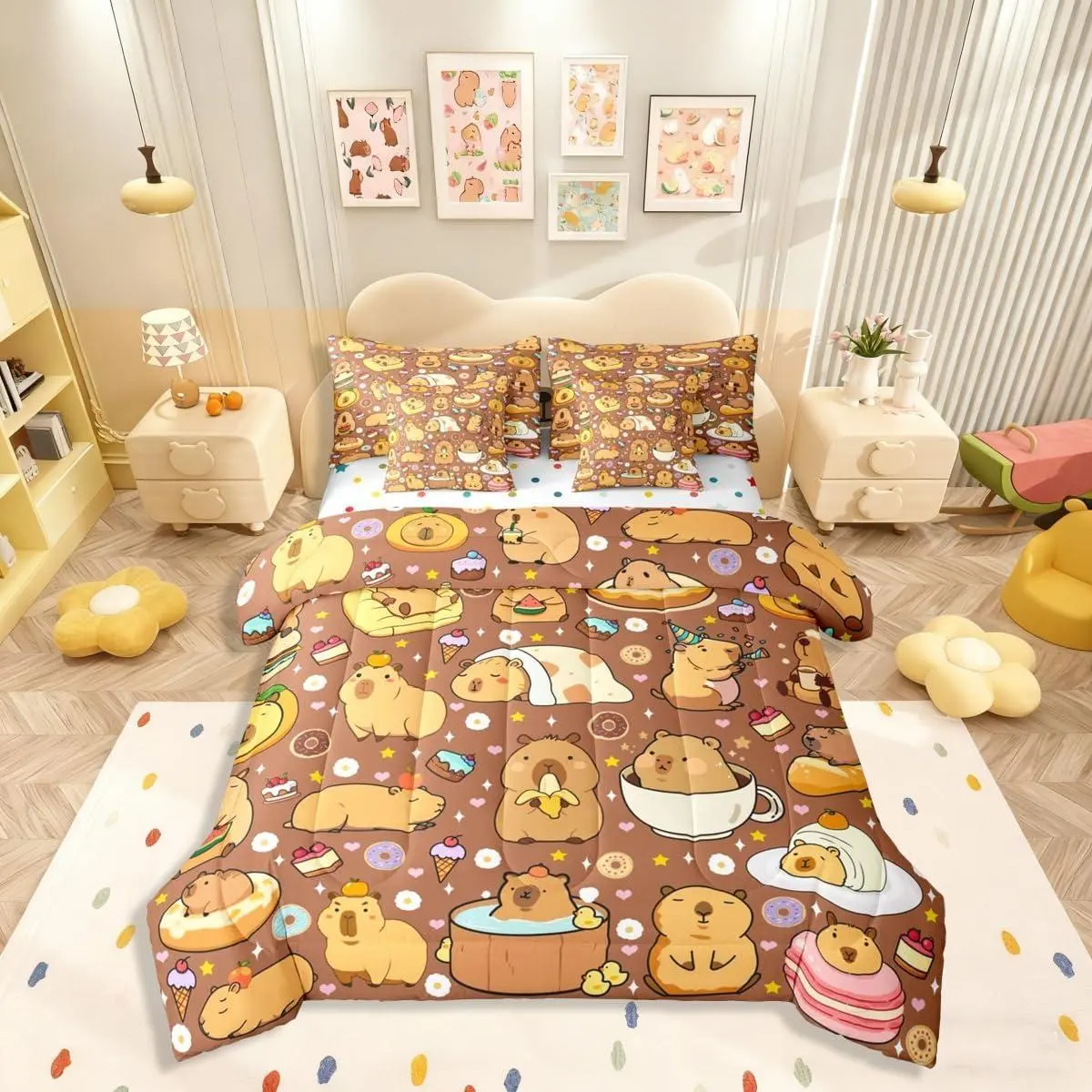 Feelyou 7-Piece Capybara Bedding Quilt Set - Cute Kawaii Character Microfiber Soft Bedspread, Decorative Bedsheet, Pillowcase Covers, Household Bedding Collections, Bedspread Set