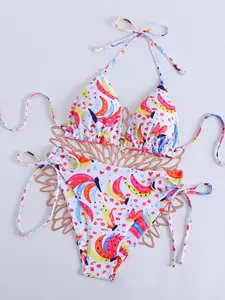 Women's Rainbow Banana Fruit Print Bikini Set, Sexy Fitted Two-Piece Swimsuit, All-Seasons Vacation Wear, Dope Color Design, Tropical Print Bikinis