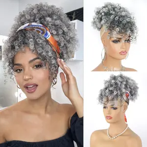 Gray Afro Puff Drawstring Ponytail with Curly Hair Pieces Clip in Bangs Short Ponytail Hair Extensions drawstring ponytail for Black Women