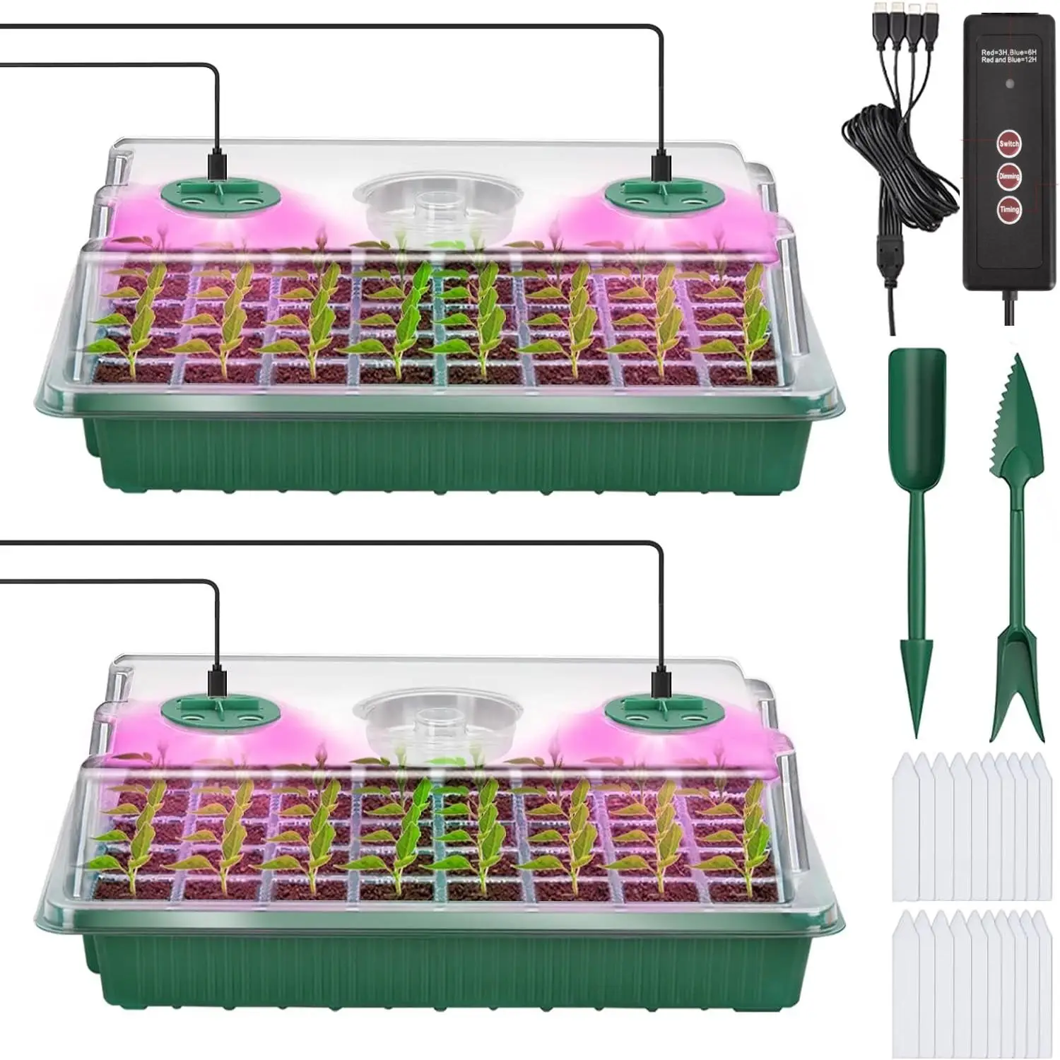 Seed Starter Kit with Grow Light, 2 Sets Seed Starter Tray with Timing Controller, Garden Supplies Adjustable Brightness Seeding Tray Kit with Humidit