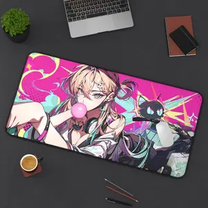 Cute Anime Girl Desk Mat Bubble Gum Waifu Mouse Pad Neoprene Office Desk Accessory Aesthetic Pink Desk Gift for Gamers