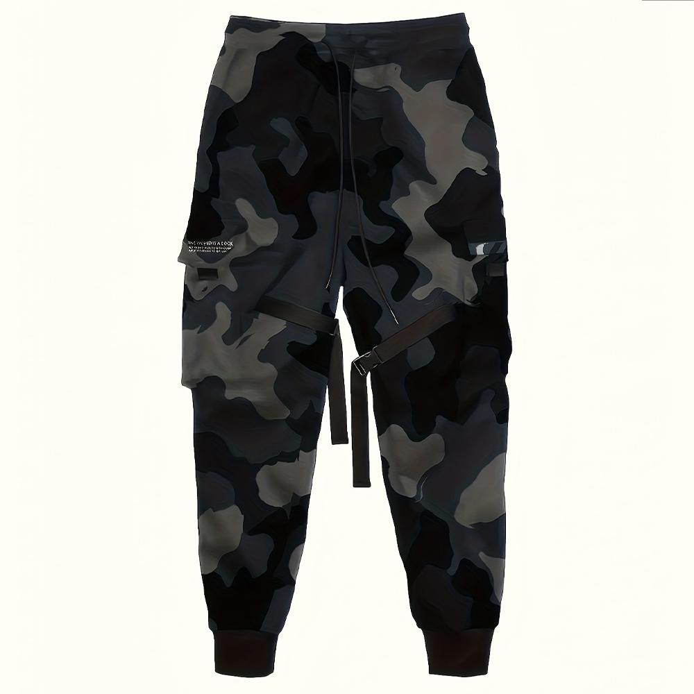 Men’s American high-street camouflage jogger pants featuring ribbon detailing; functional tactical cargo sweatpants with a loose, slimming fit—trendy men’s casual pants, carefully selected for everyday wear.