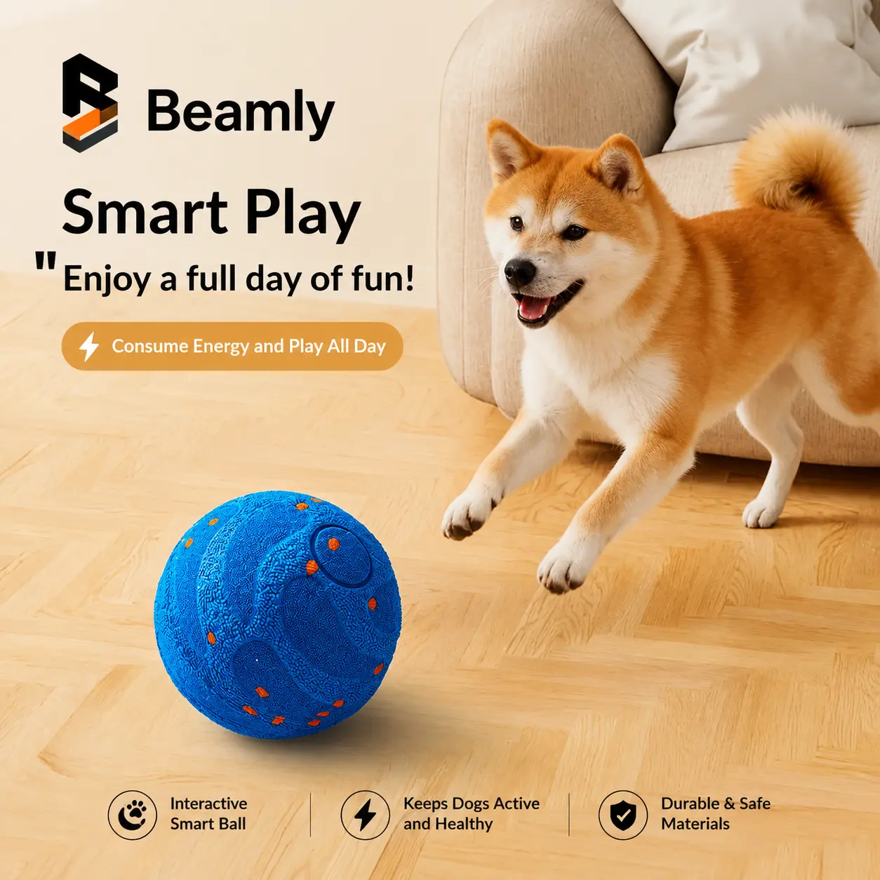 Beamly Smart Interactive Dog Ball - Indestructible E-TPU Chew Toy for Aggressive Chewers, Automatic Moving, Rechargeable Pet Supply