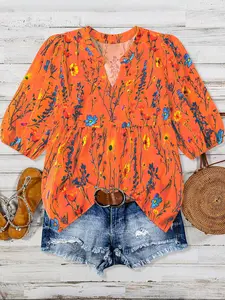 [Plus Size] Floral Print Curved Hem Vneck Top, Boho Casual Short Sleeve Top for Summer, Women's Plus Clothing for Daily Wear, Blouse, Shirts