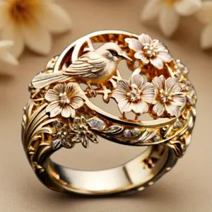 Vintage Floral Metal Style Golden Engagement Ring - Promise Bridal Eternity Ring - Anniversary Ring - Valentine's Day Christmas Thanksgiving Gift - High-Quality Daily Jewelry for Women