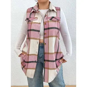 [Plus Size] Plaid Print Button Front Vest, Casual Sleeveless Collared Outerwear for Fall & Winter, Women's Clothes for Daily Wear