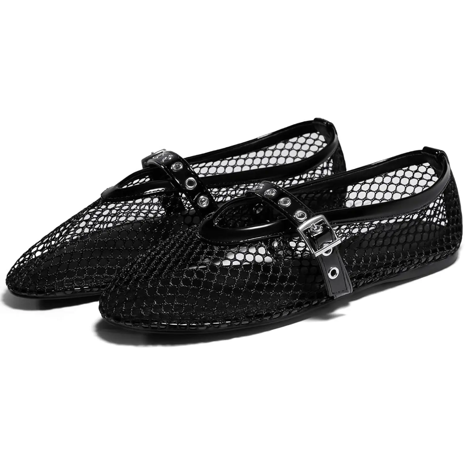 Coutgo Womens Mesh Ballet Flats Mary Jane Fishnet Ballerina Buckle Strap Comfortable Causal Dress Shoes