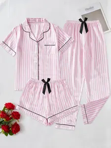 Elegant Women's Short Sleeve Shorts Long Pants Collared Striped Print Bowknot Pajama Set Sleepwear 3 Piece Set Casual
