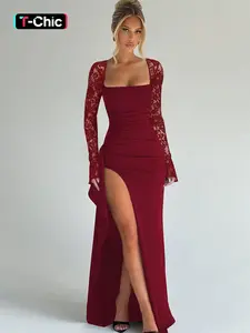 Women's Solid Contrast Lace Long Sleeves Split Thigh Bodycon Cocktail Dress, Square Neck Ruched Cut Out Backless Lace-up Plain Slit Maxi Dress, Elegant Party Club Date Evening Gown Daily Casual Long Dresses For Ladies Spring & Fall Clothes Wear