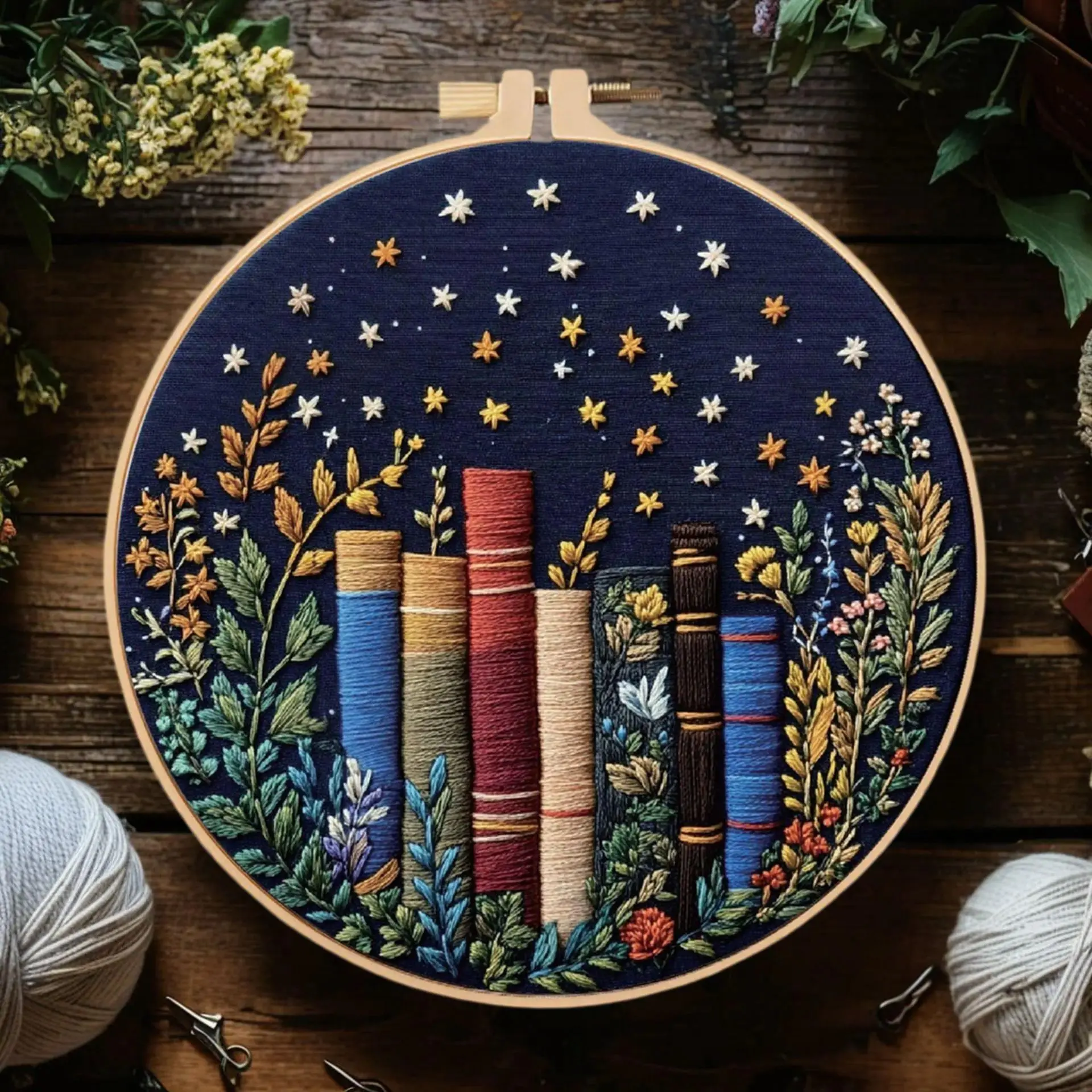 Starry Book Stack Sewn Embroidery Kit - Cotton Blend Unique Embroidering Design DIY Needlework Handicraft with English Guide, Handmade Home Decor Gift for Crafting Enthusiasts