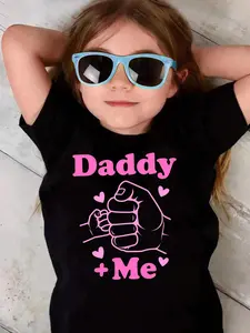 Daddy + Me" Fist Bump Graphic Girls' T-Shirt - Soft &amp; Comfy Casual Summer Tee, Crew Neck, Short Sleeve, Machine Washable, Black with Pink Lettering, Cotton Blend, Father-Daughter Bonding