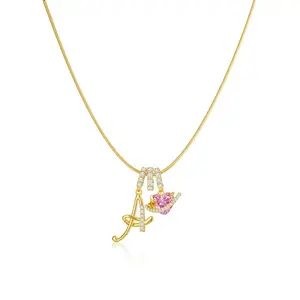 14K Gold Plated 3-Layering Initial A-Z Letter Pendant Necklaces for Women Snake Chain Choker Personalized Pink  Heart CZ Capital Necklace Adjustable Jewelry
