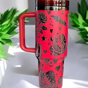 Lovers Themed Laser Engraved Tumbler with Red Design and Unique Skeleton and Heart Patterns - Bottle, Drinkware