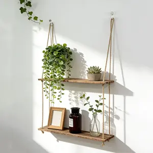 Bohemian-Style Wooden Double-Layer Wall-Mounted Storage Shelf, Hemp Rope, Plant Storage, -Style, Handcrafted, Nordic Minimalist Home Decor