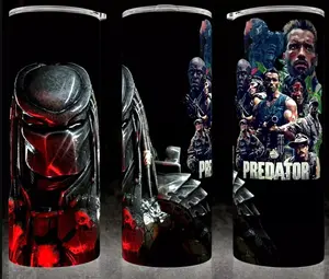 Predator 80s Movie Alien Horror Cup Mug Tumbler 20oz Stainless Steel Tumbler with Slide Closure Lid, Reusable Plastic Straw, Handmade Design - Drinkware