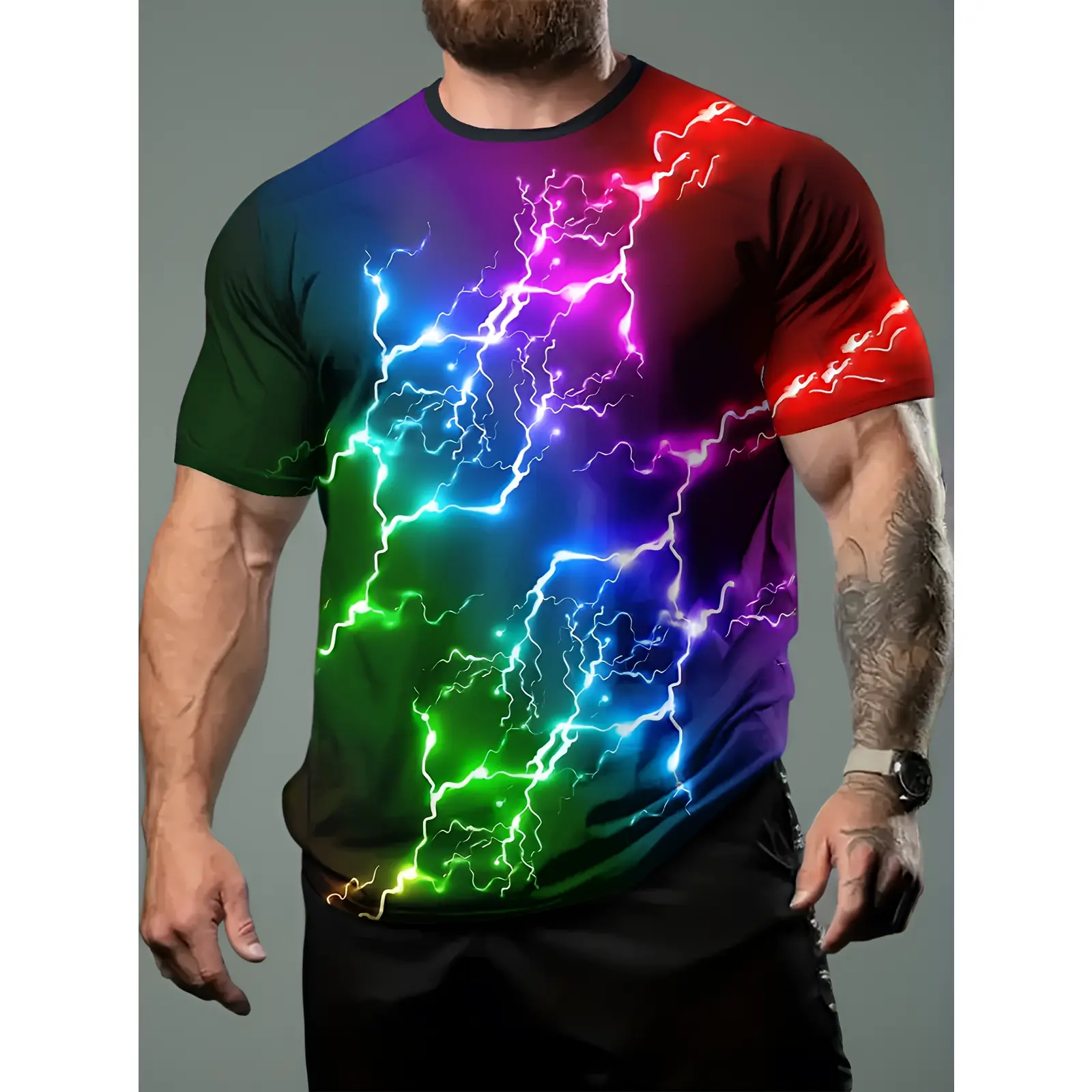 Men's Summer Casual Short-Sleeve T-Shirt, Full-Body Lightning Bolt Pattern, Gradient Green to Red Design, Breathable Regular Fit, Suitable for Outdoor Sports and Home Leisure, Active Lifestyle Apparel, Dynamic Pattern Shirt, Easy-Care Clothing