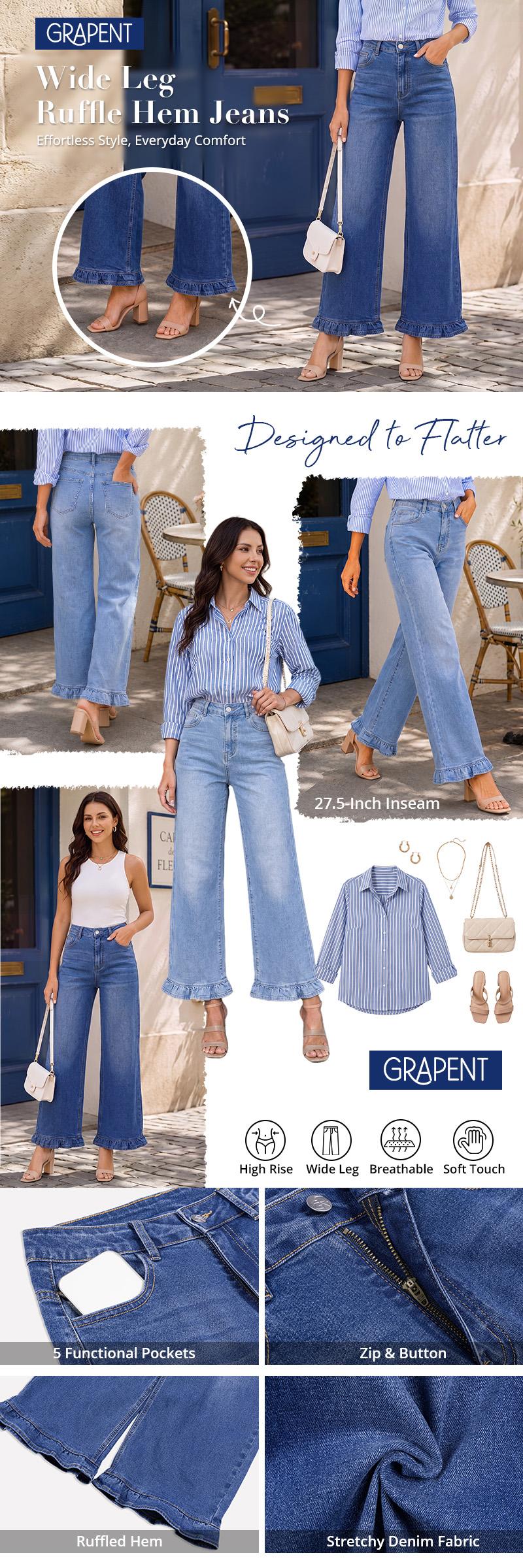 【NEW】GRAPENT Wide Leg Jeans for Women Ruffle Hem High Waisted Ankle Denim Pants | Trendy Baggy Jeans, Stretch Denim, High Rise Fit, Cropped Jean Pants, 27.5 Inch Inseam, Flattering Ruffle Hem, Weekend Casual backtoschool