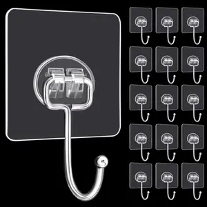 Large Adhesive Hooks, 16-Pack Hold 44lb(Max) Heavy Duty Sticky Hooks, Waterproof Transparent Hooks for Hanging, Self-Adhesive Traceless Clear Wall Hooks to Use for Keys Robe & Towel