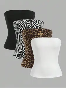 Women's Solid/Zebra Stripe Print Tube Top, Casual Fashion Sleeveless Strapless Top for Daily Wear, Ladies Clothes for Spring & Fall