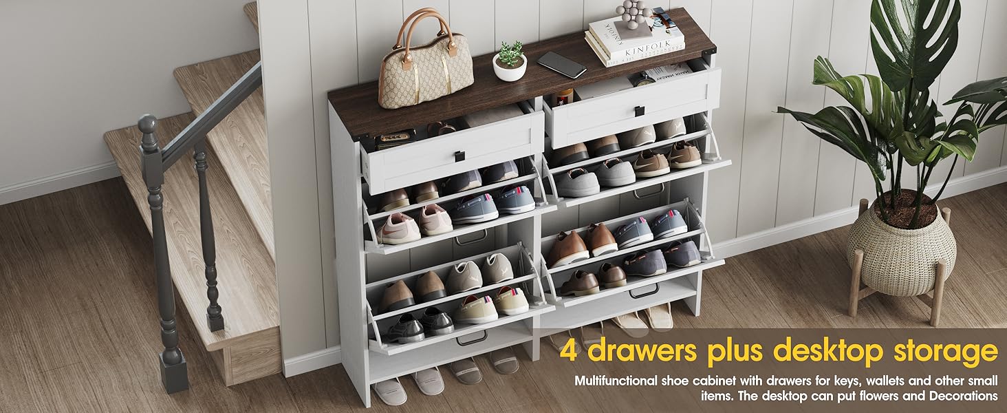 Vabches  Shoe Storage Cabinet with 2 Flip Drawers & 2 Storage Drawers, Farmhouse Slim Shoe Organizer with Legs for Entryway, Cozy High Quality Freestanding Cabinet