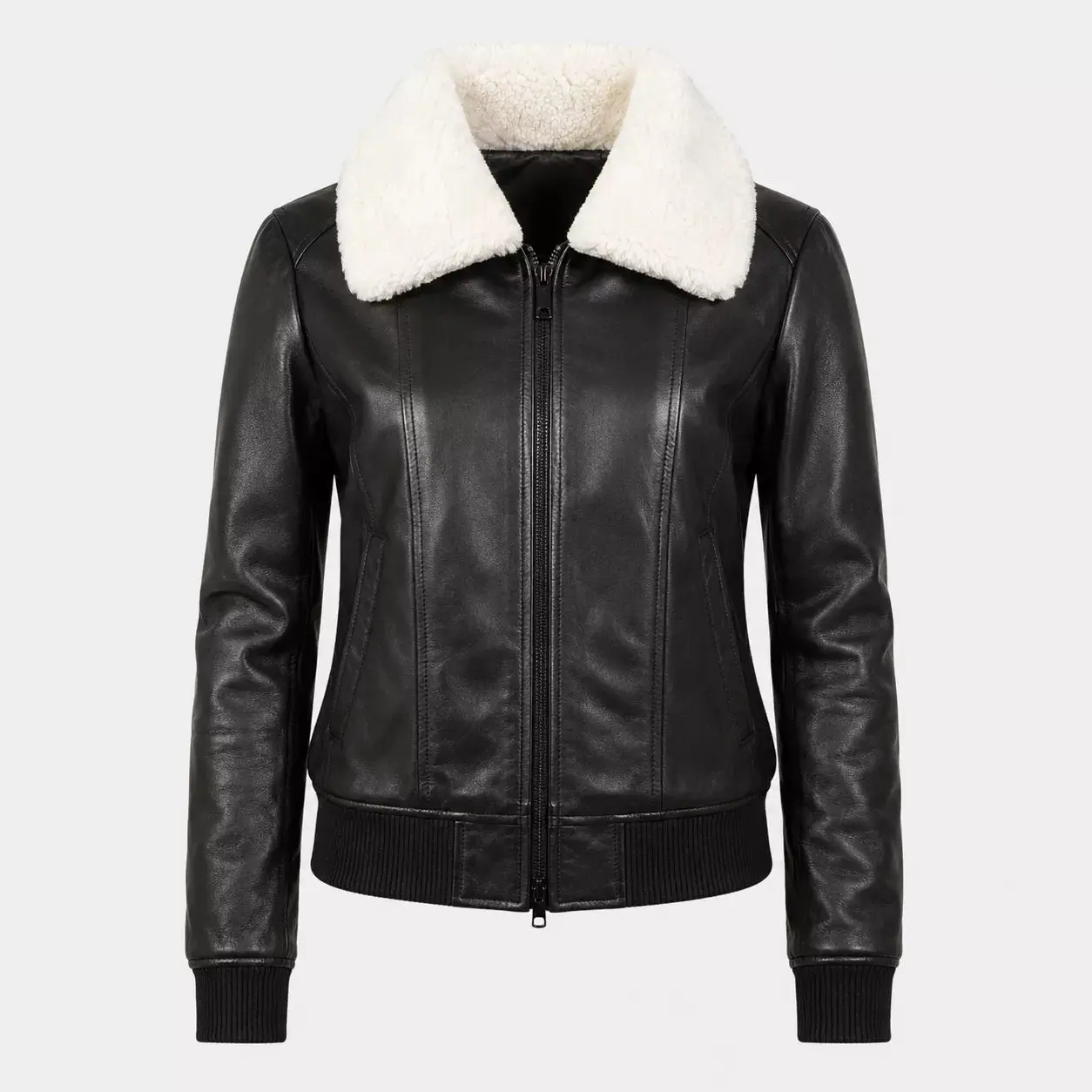 Women’s Black Shearling Collar Leather Bomber Jacket |  Warm Zip-Up Jacket