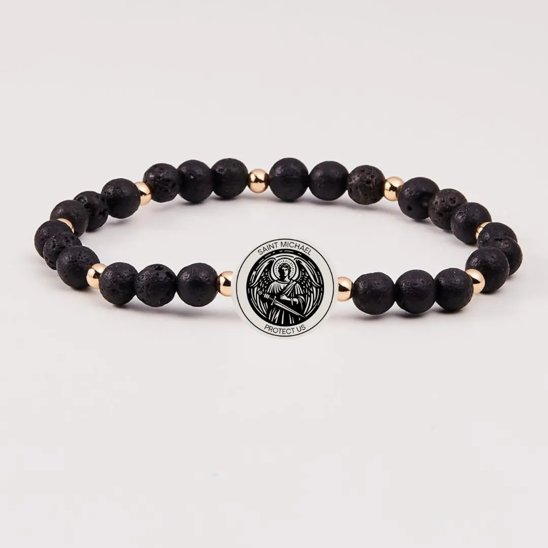 HOLY WATER MEN'S SAINT MICHAEL BRACELET IN LAVA ROCK, Faith Jewelry, Energy Protection Bracelets & Bangles, Faith-Inspired Statement Bracelets & Bangles