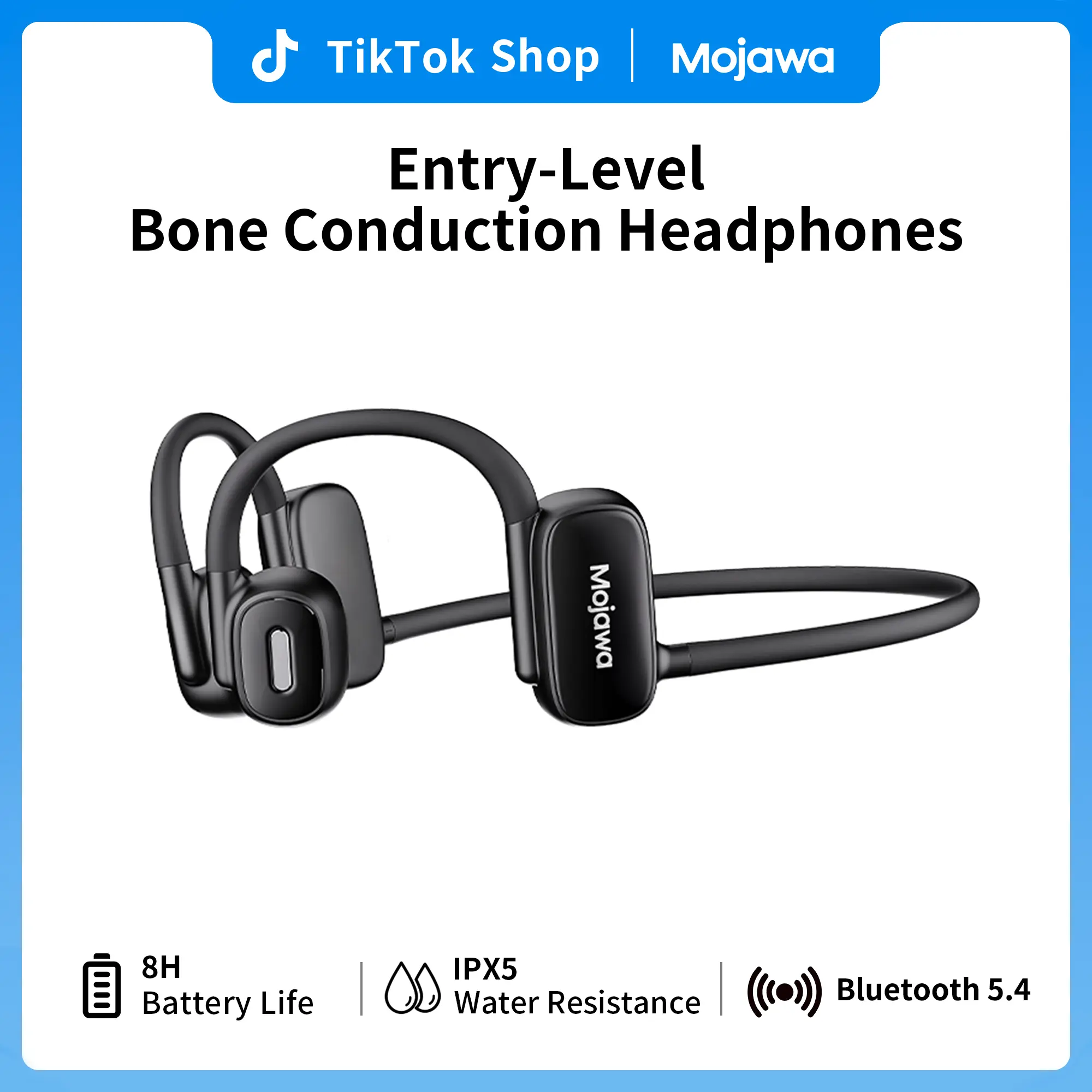 MOJAWA Mojo Run Open-Ear Bone Conduction Headphones, IPX5 Sweatproof Sports Headphones with Bluetooth Calling, Music Playback & 8-Hour Battery Life for Running, Fitness & Cycling