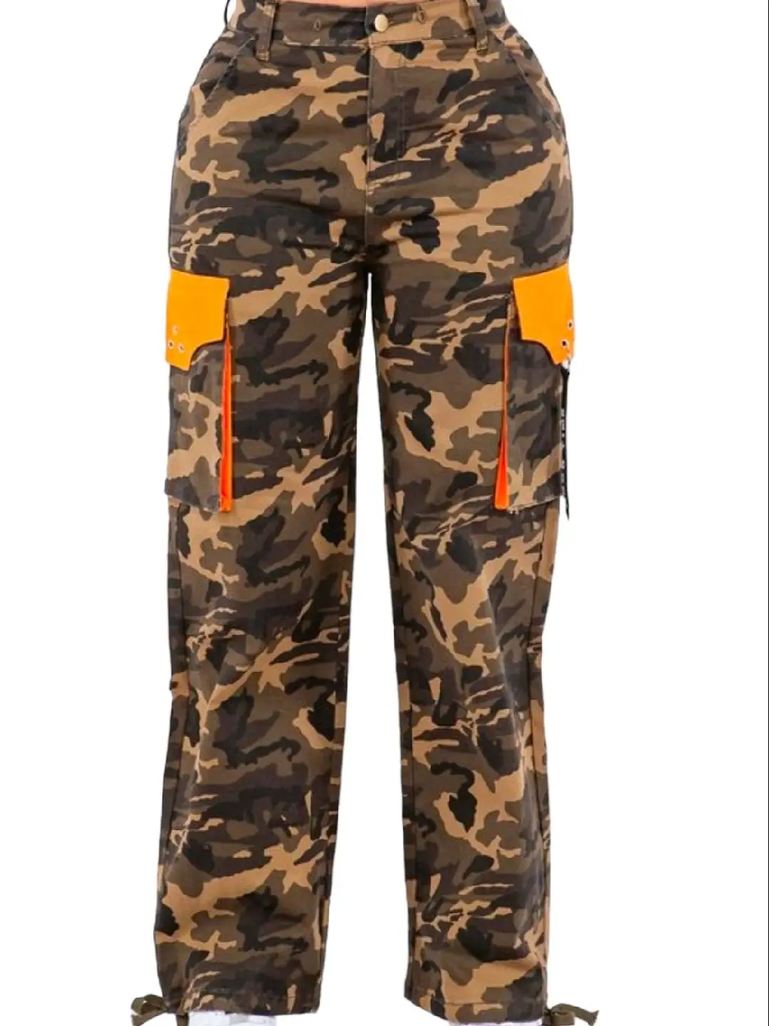 American Bazi Orange Camo High Waisted Cargo Trousers for Women, Loose-Fitting Button Closure, All Seasons
