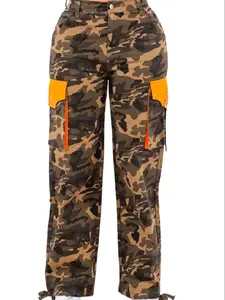 American Bazi Orange Camo High Waisted Cargo Trousers for Women, Loose-Fitting Button Closure, All Seasons