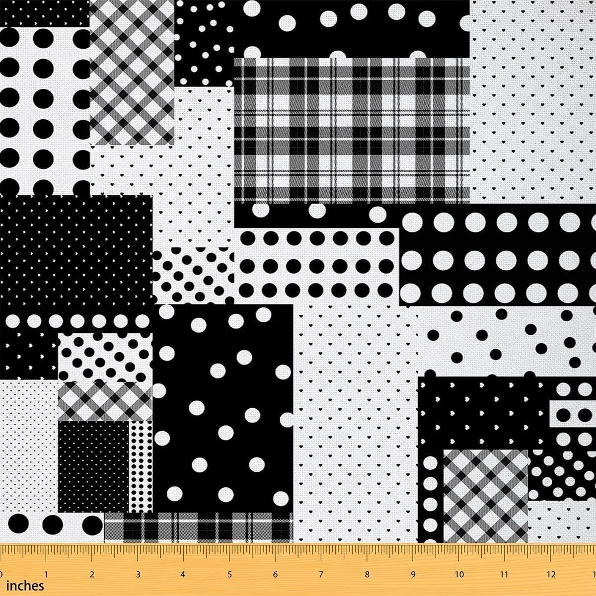 Polka Dots Checkered Fabric Black White Patchwork Geometric Grid No Stretch Sewing Fabrics Simple Vintage French Romantic Flannel Polyester Fabric DIY Projects Pre-Cut