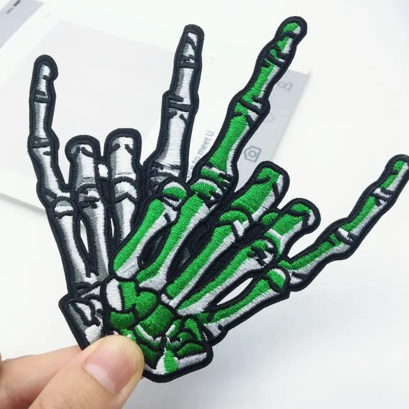 Punk Skull Finger Pattern Embroidery Patch, 2 Counts Iron on Patch for for Clothes, Bags, Hats, DIY Sew on Patch for Decor, Sew on Appliques, Applique Patches