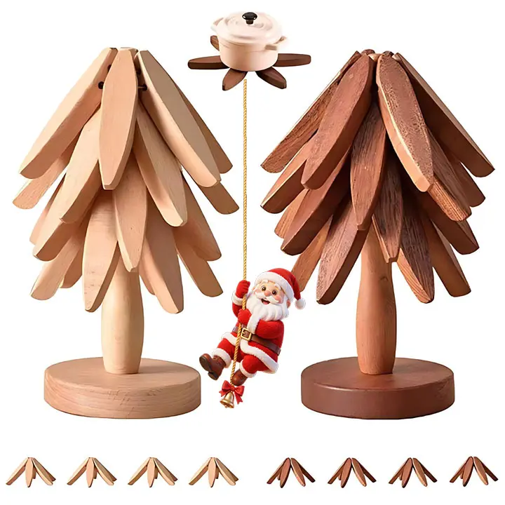 Natural Tree Wooden Trivet Set - 4 Pieces with 1 Stand, 7.8 Inches Unfolded Automatic Unfolding Heat-Resistant Durable Solid Wood Tableware Coasters, Decorative for Hot Pots, Coffee Dishes, Christmas Trees Storage